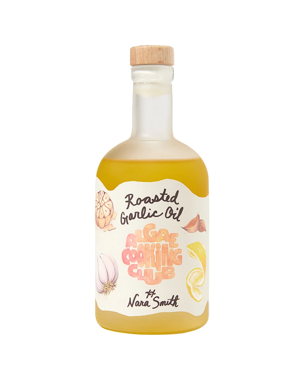 Bottle of roasted garlic oil with a label on a white background