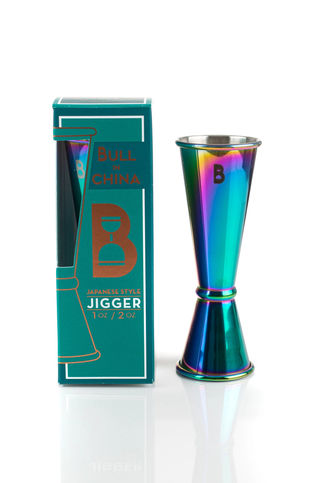 Multicolored jigger with 'Bull of China' packaging on a white background