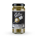 Jar of Collins Feta Cheese Gourmet Olives on a white background