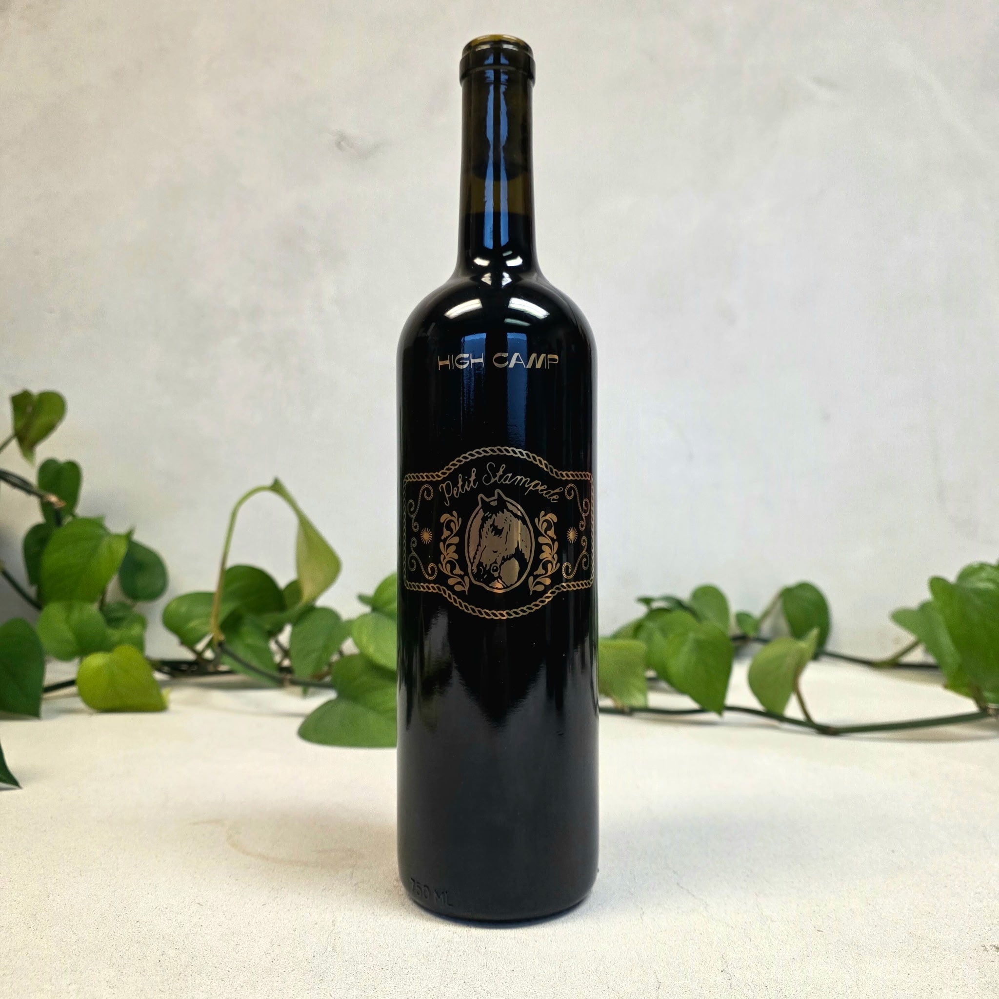 Black wine bottle with decorative label on a light background with green leaves.