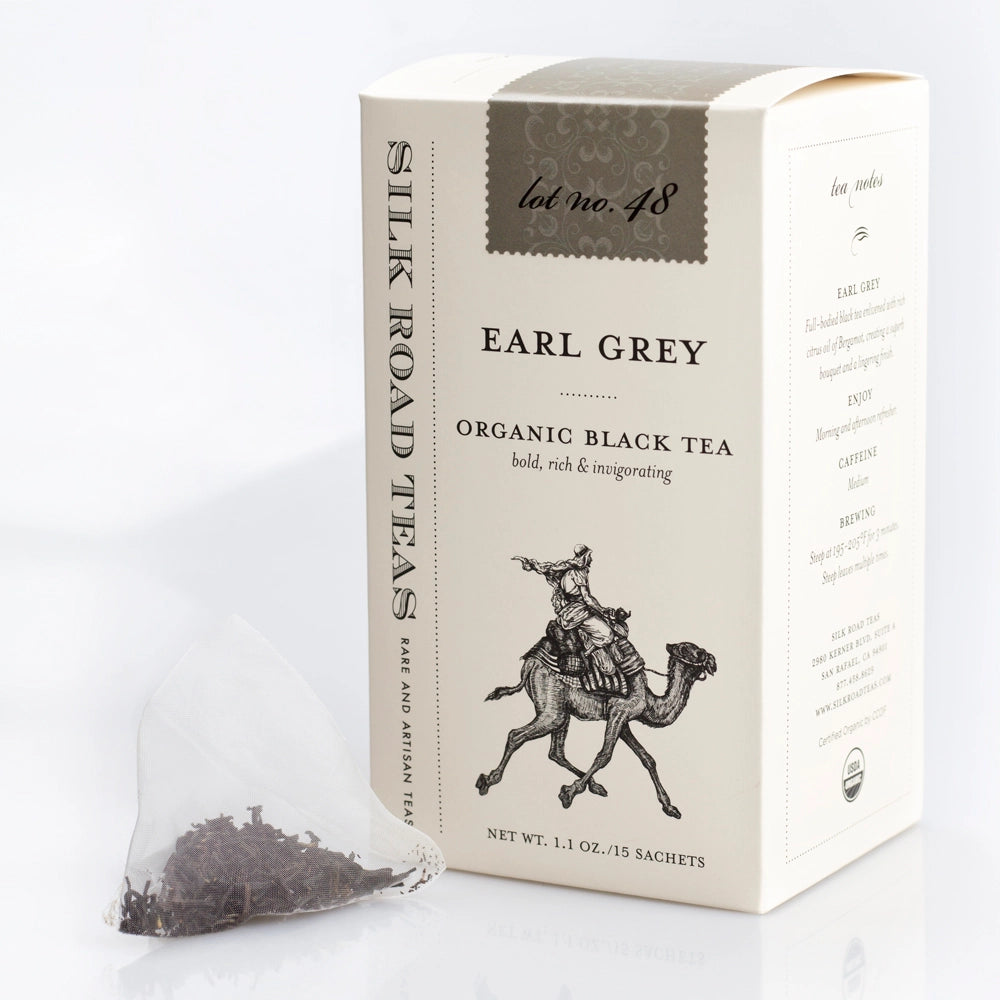 Box of Silk Road Teas Earl Grey organic black tea on a white background