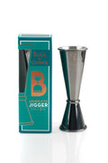Metallic jigger with 'Bull in China' branding next to its packaging on a white background